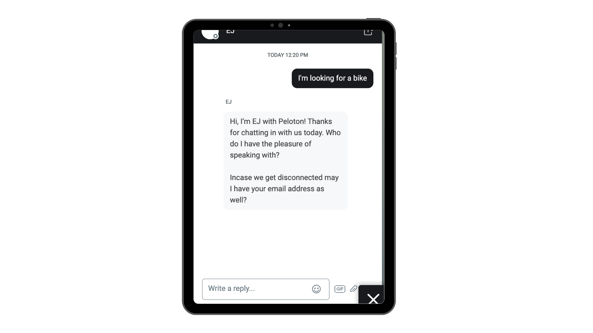 An example of Peloton's chatbot