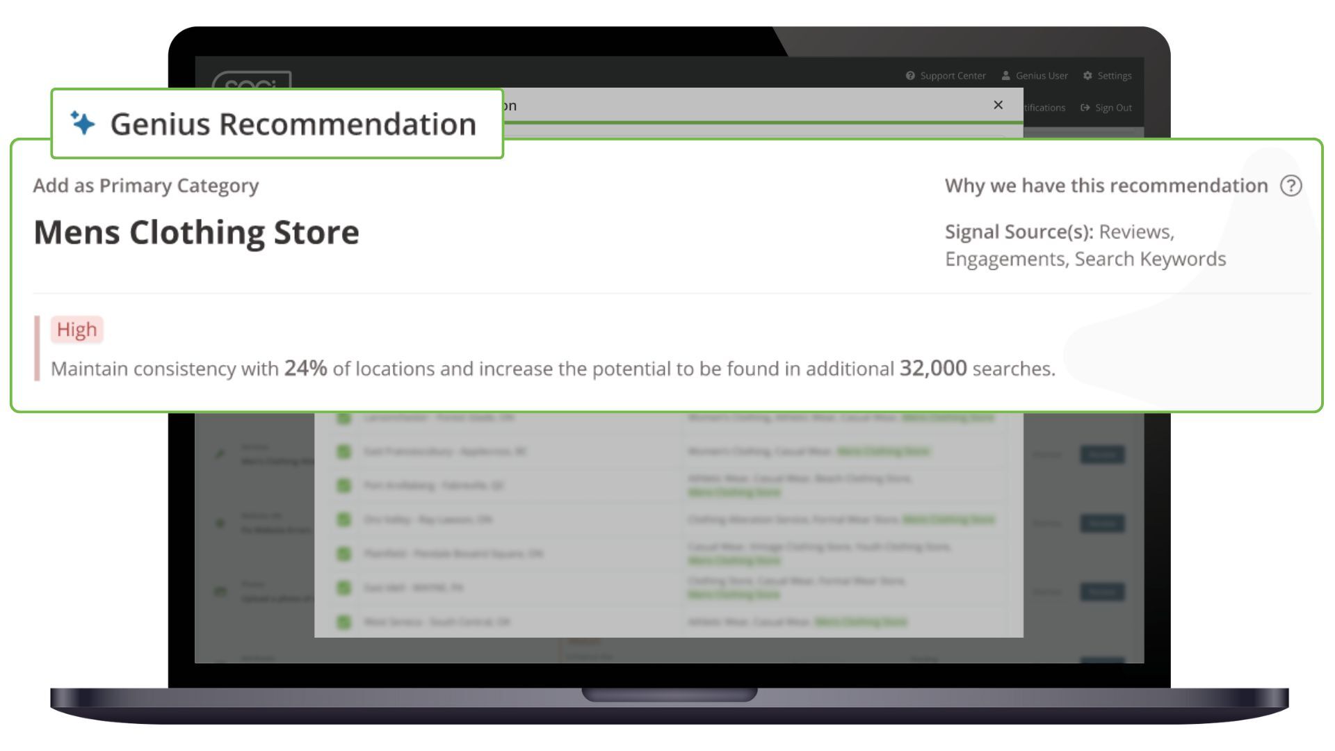 SOCi Genius Search optimization recommendations for the category "Mens Clothing Store." 