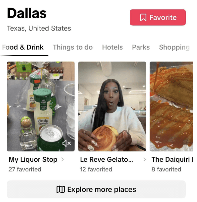 An example of Dallas appearing as a place in TikTok with supporting things to do 
