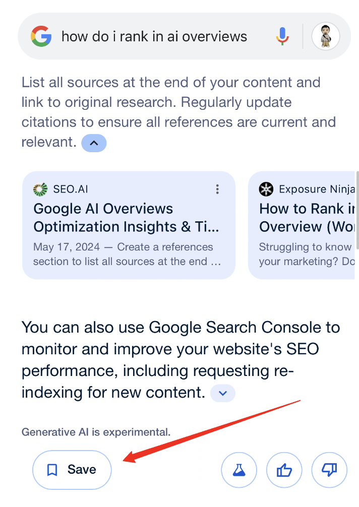 An example of the save button in Google's AI Overviews 