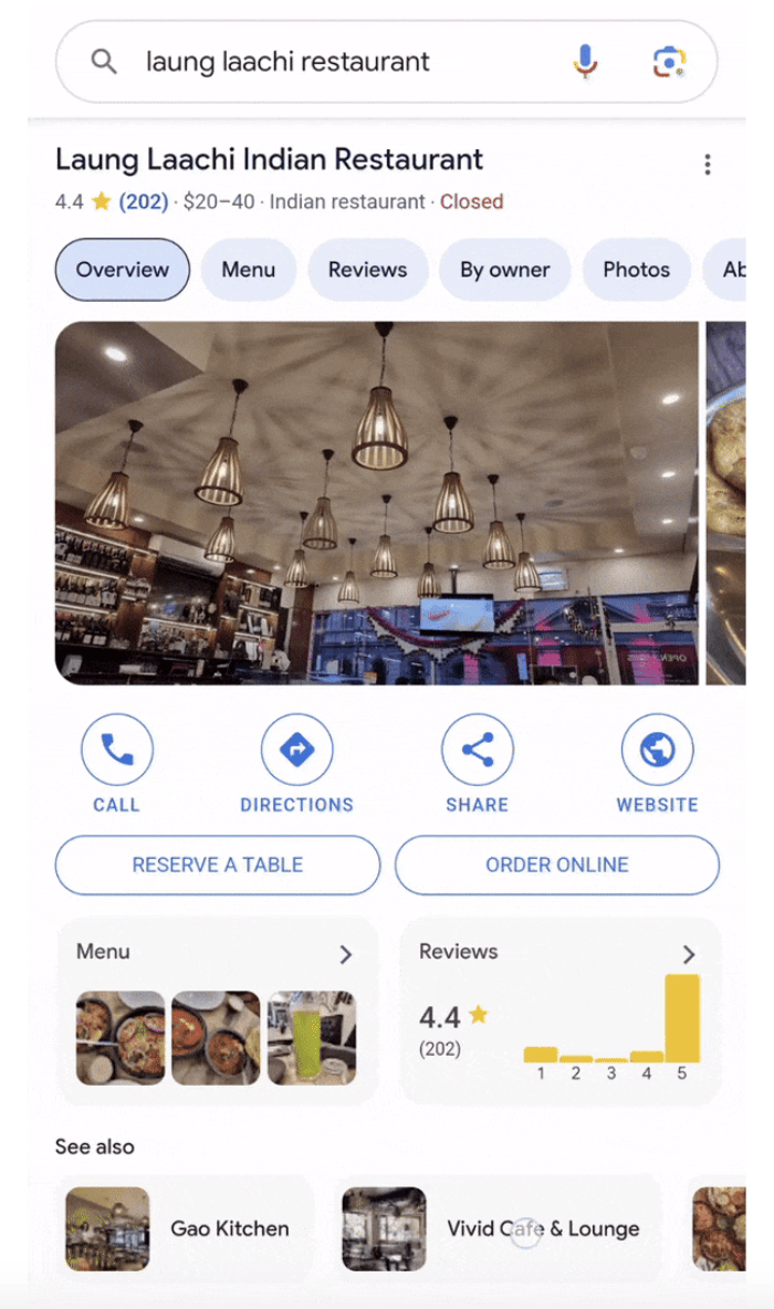 An image of a Google search for a restaurant that is showing competitors in the "see also" carousel