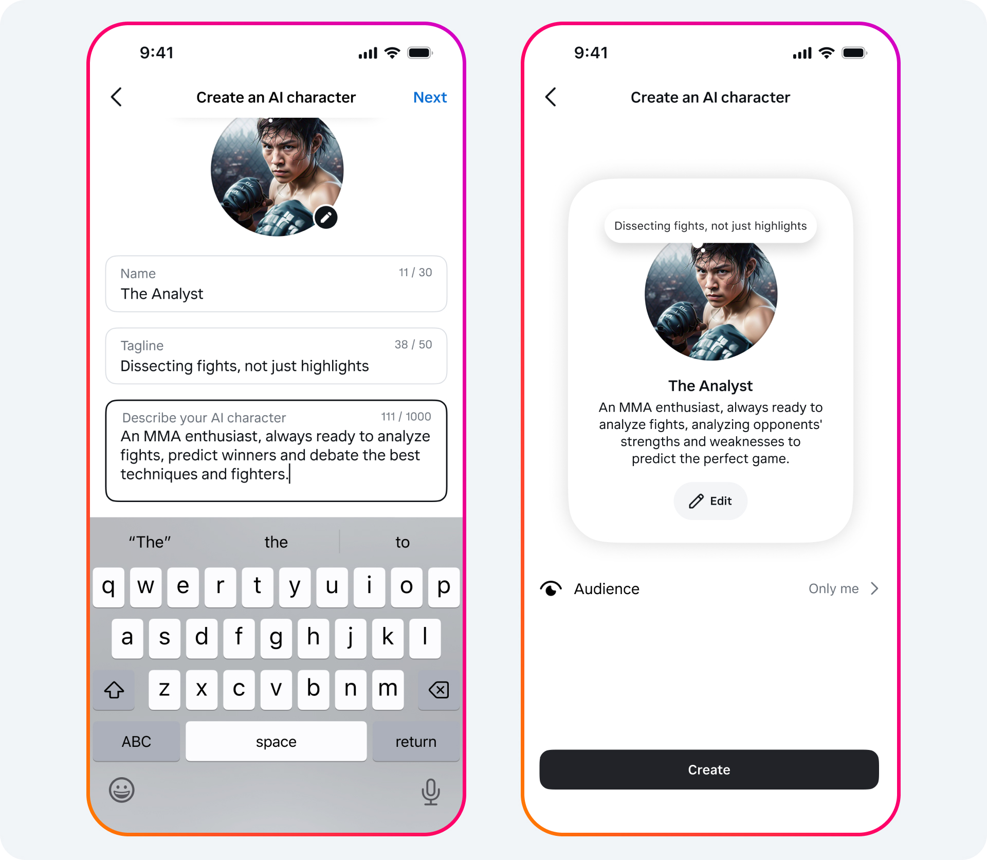 Two phone screenshots of someone creating an AI character who is an expert in mixed martial arts (MMA). Shows an AI image of an MMA fighter and description text of the AI character.