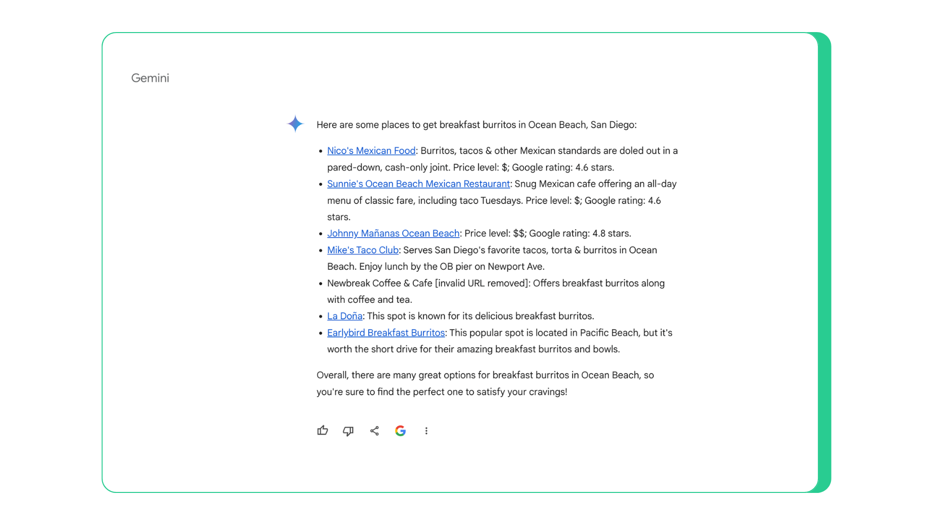 A screenshot of Gemini restaurant search results showing a bullet point of businesses with links, dollar signs, and Google star ratings.
