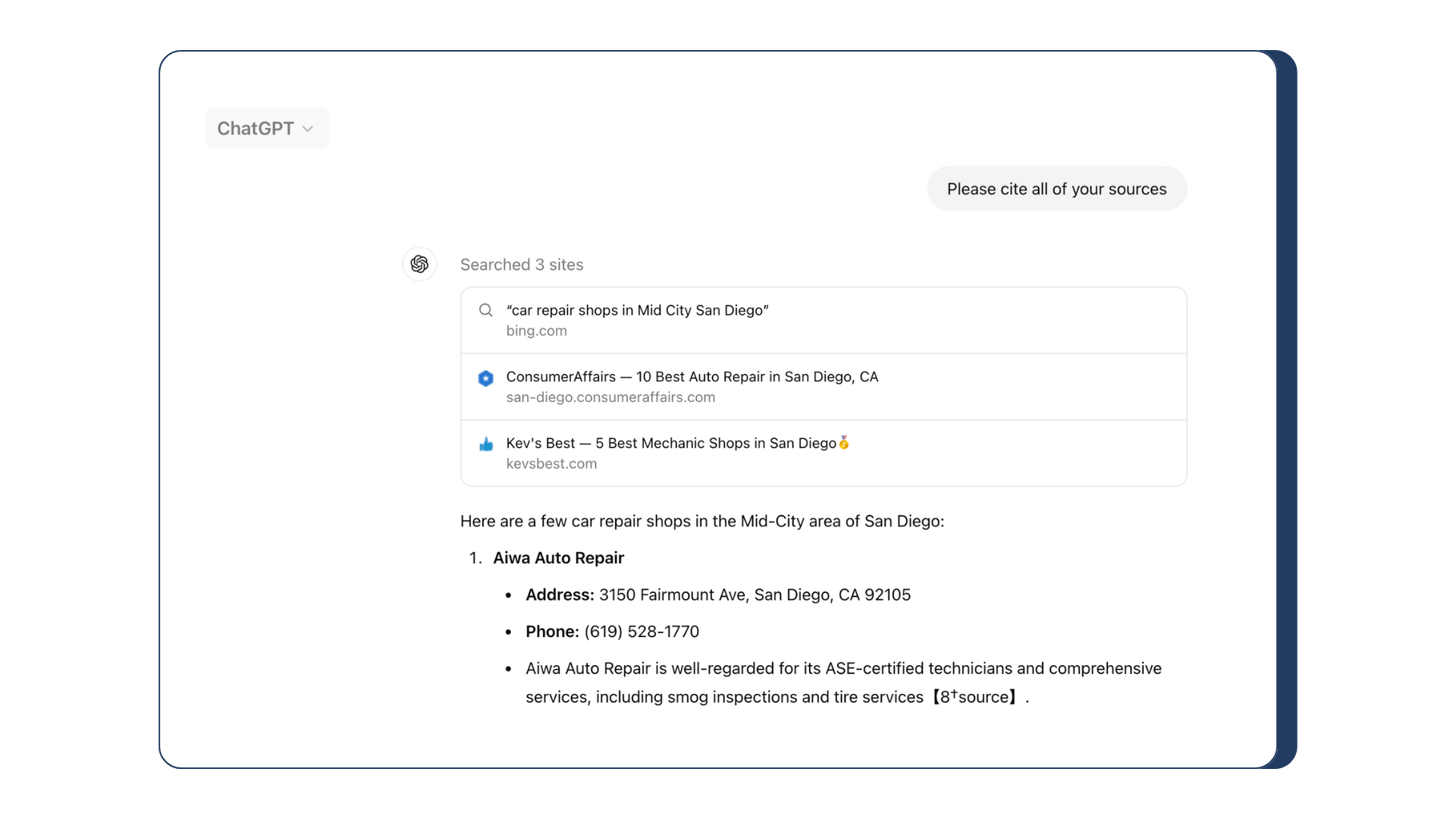 A screenshot of a ChatGPT-4o search result for the query "car repair shops in mid city San Diego."