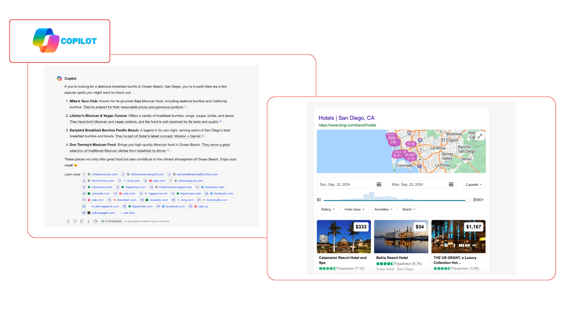 Screenshots of Bing Copilot results showing a bullet list of businesses and individual sources below and a Bing map with price map pins and TripAdvisor listings under the map.