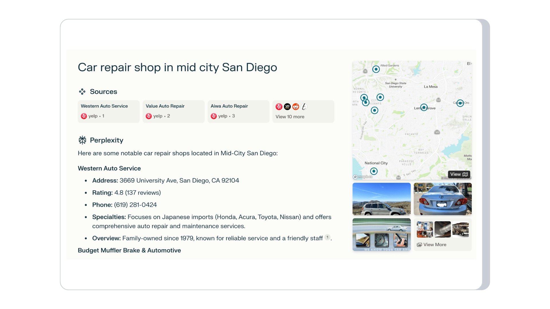 A screenshot of Perplexity results for the query "car repair shop in mid city San Diego" showing Yelp sources, NAP information for a business, and a map with images below.
