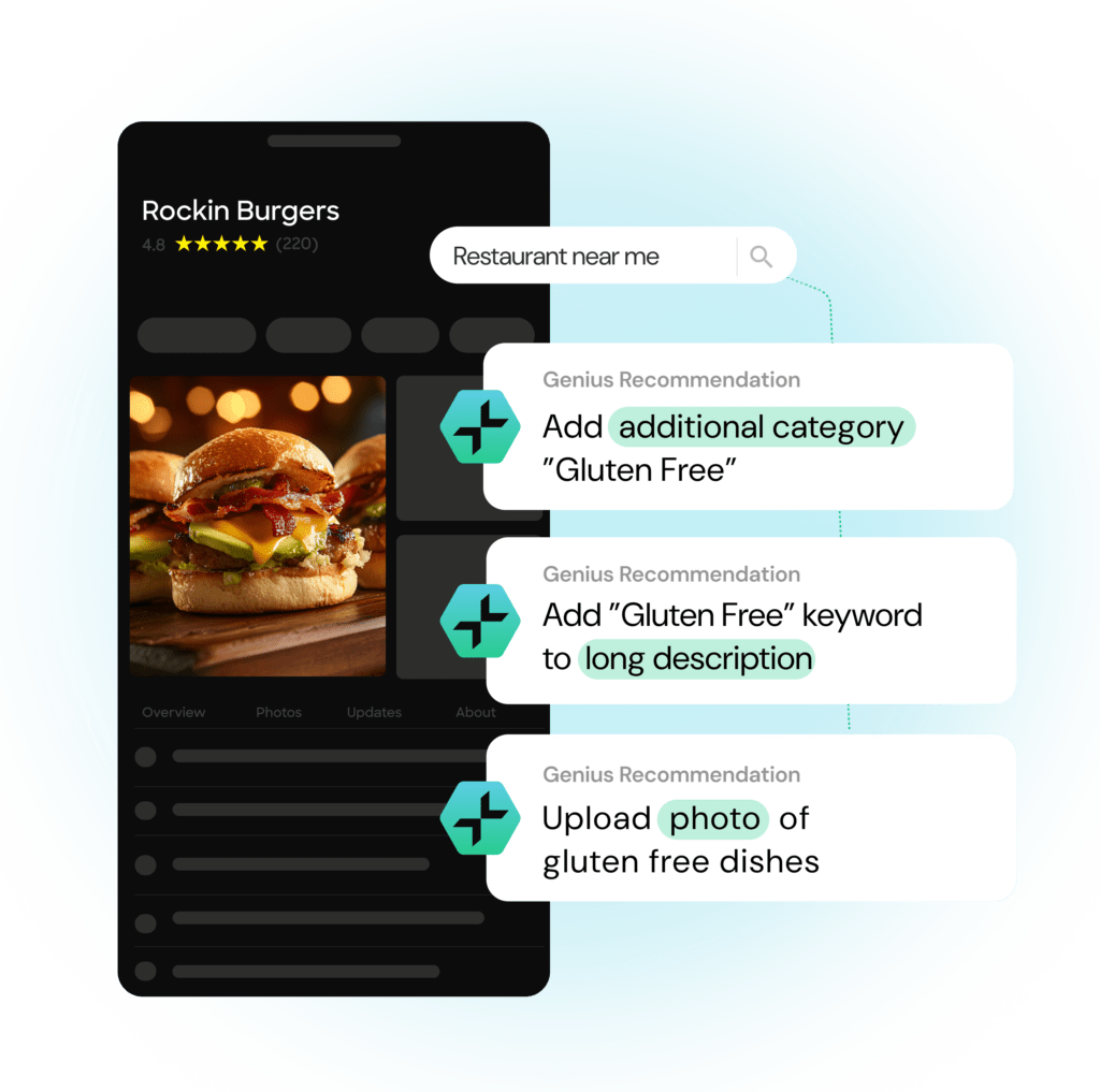 A smartphone restaurant listing showing SOCi Genius optimization recommendations.