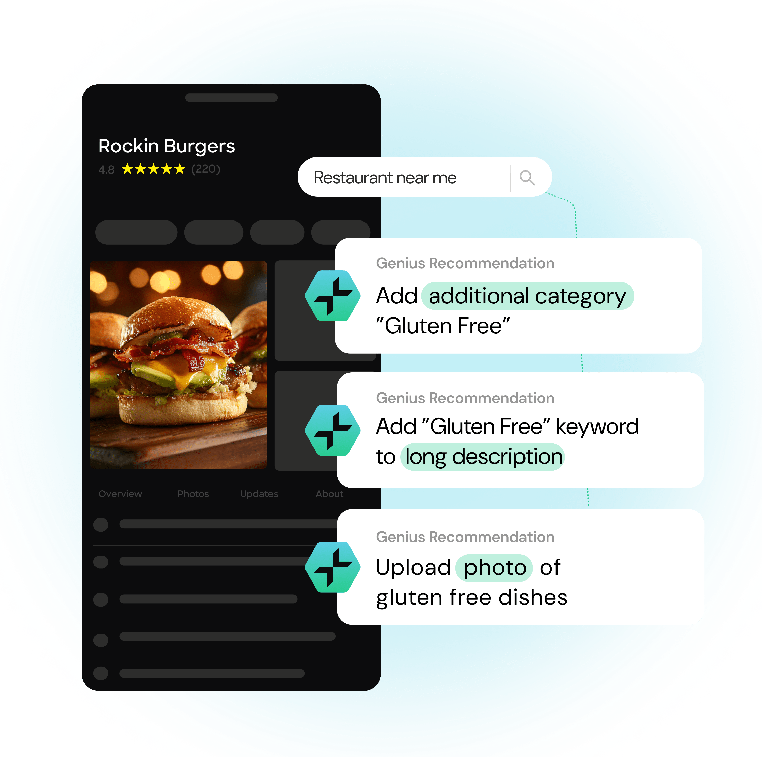 A smartphone restaurant listing showing SOCi Genius optimization recommendations.