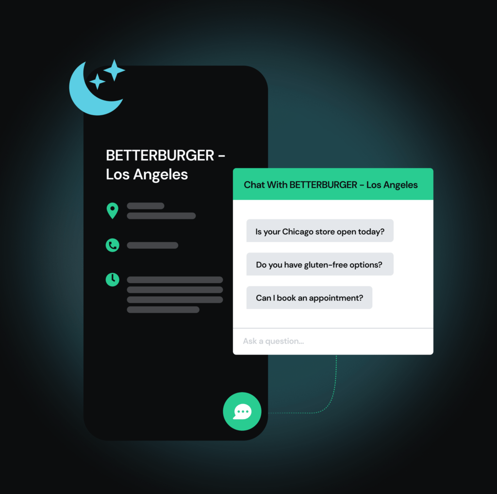 A chat window shows questions to BETTERBURGER Los Angeles, including store info and gluten-free options.