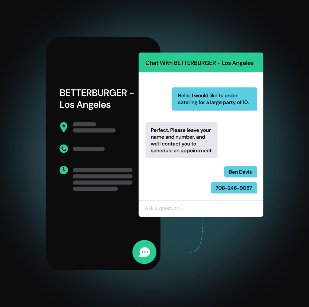 A chat window shows a catering inquiry and contact info for BETTERBURGER – Los Angeles.
