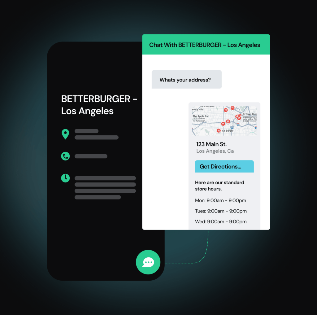 A chat window shows a map, address, and store hours for BETTERBURGER in Los Angeles.