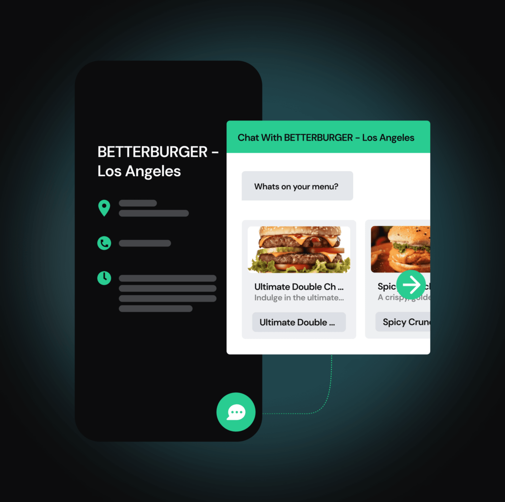 A chat app shows a burger restaurant menu with images of burgers and text chat options.
