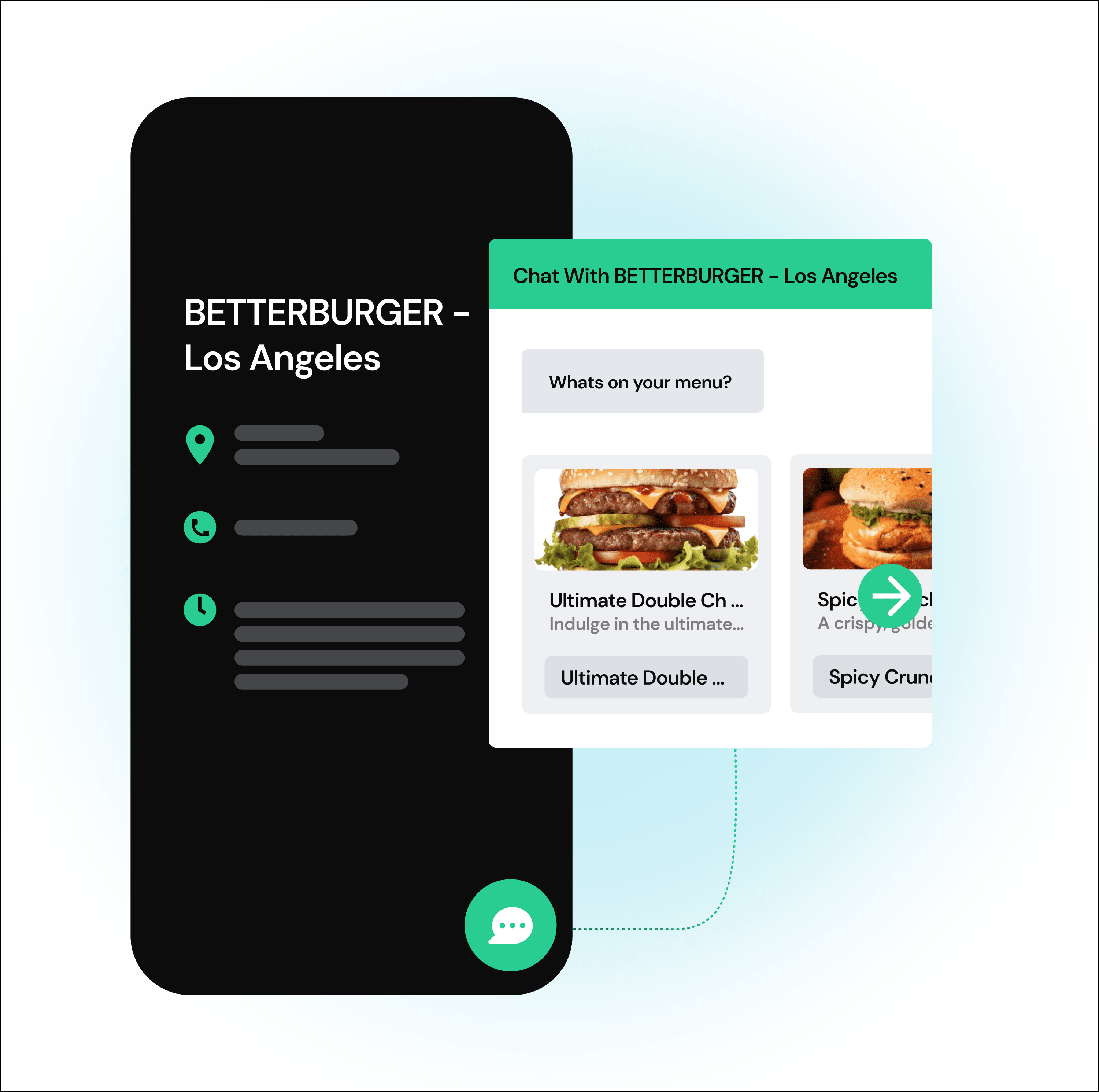 A chat window displays burger menu options for BETTERBURGER in Los Angeles on a mobile screen.
