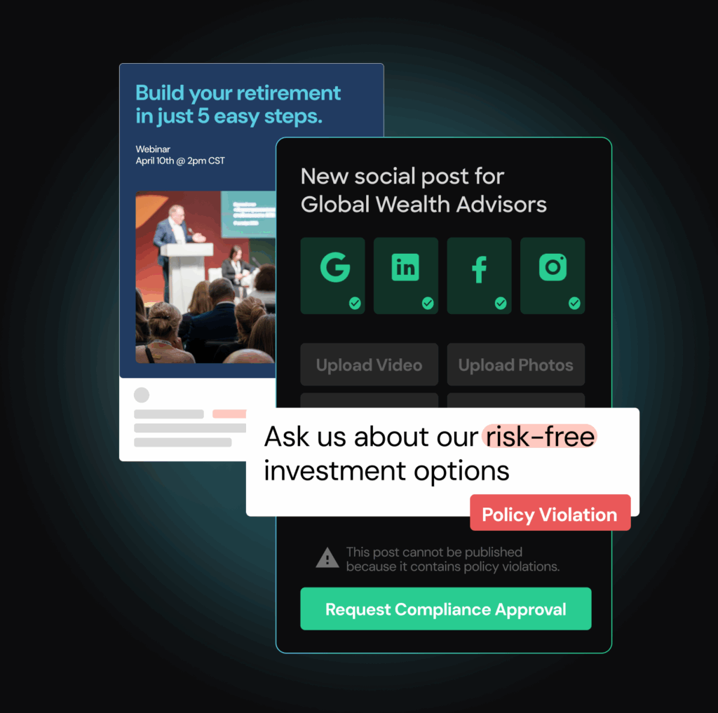 A compliance warning blocks a post about “risk-free investment options” due to policy violation.