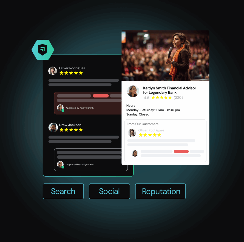 A digital interface showing customer reviews, ratings, and hours for a financial advisor.