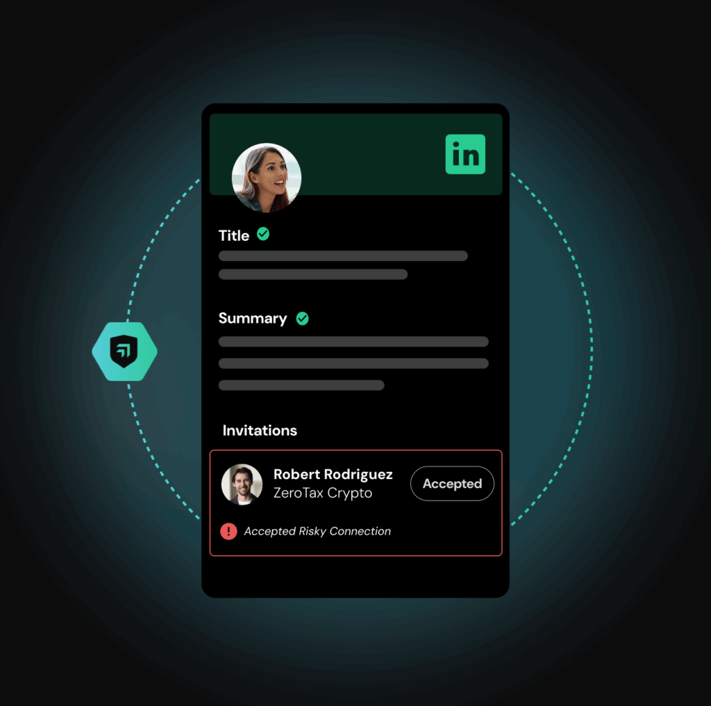A LinkedIn profile page highlights an accepted invitation flagged as a risky connection.