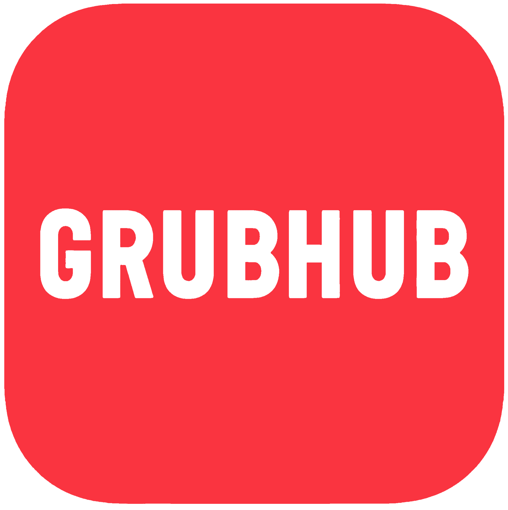 Grubhub logo with white text on a rounded red square background.