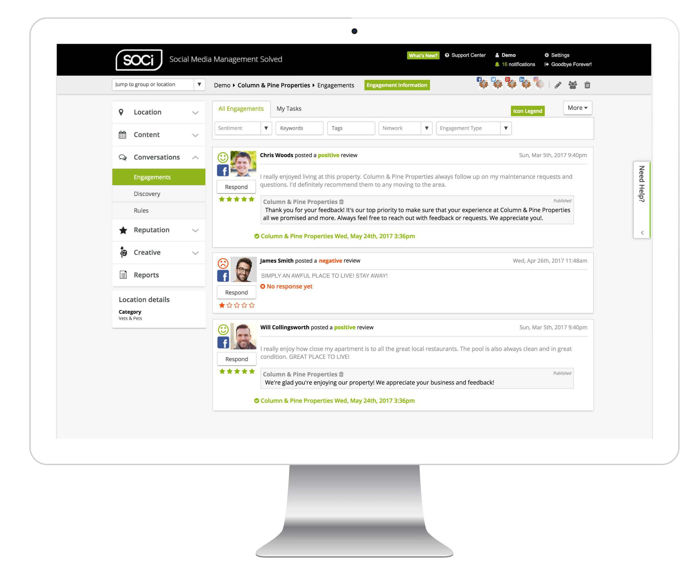 A computer monitor displays a social media management dashboard with reviews and user comments.