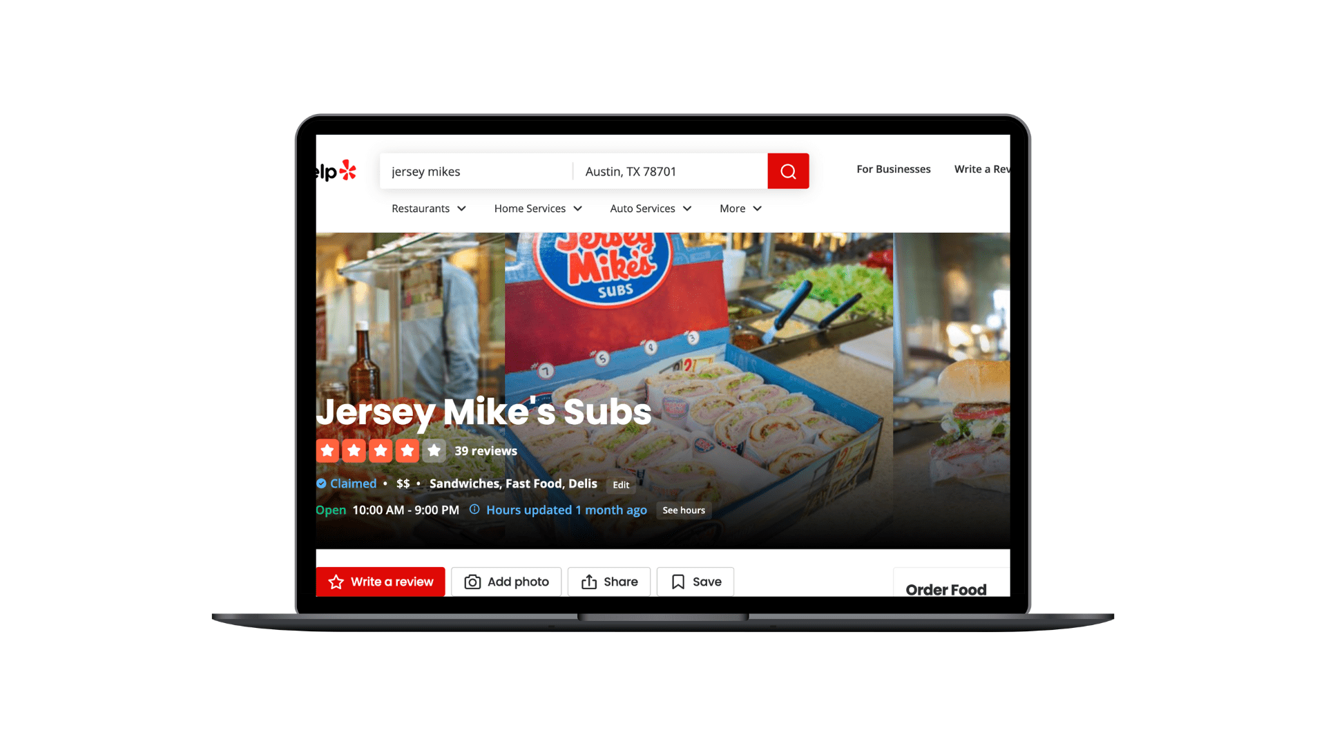 A computer with the screen showing an image showing one of Jersey Mike's local Yelp profiles
