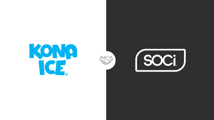 Shaking hands icon in between Kona Ice and SOCi logos