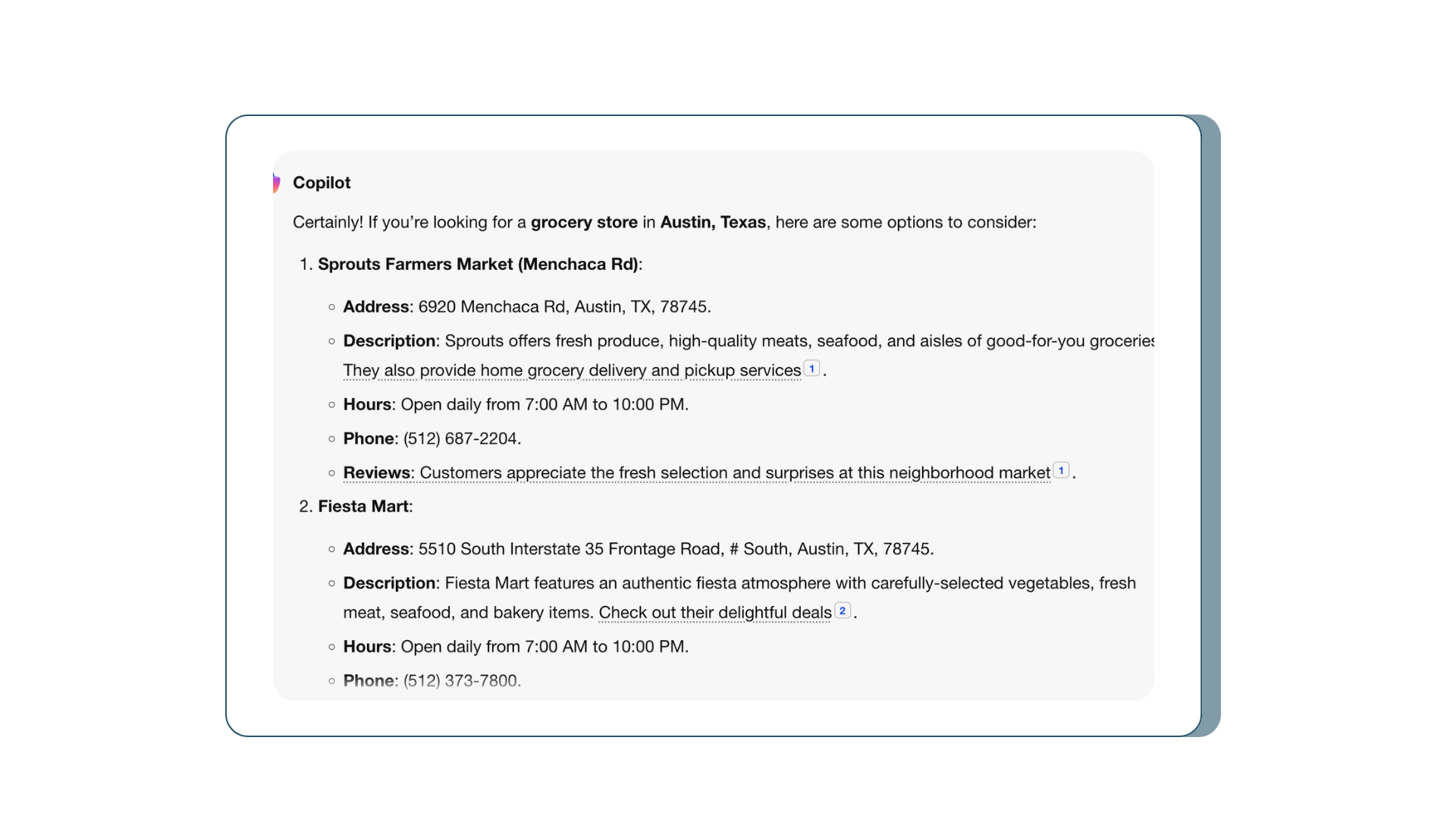 An example of Bing's listicle like search results for the query "grocery stores near me"