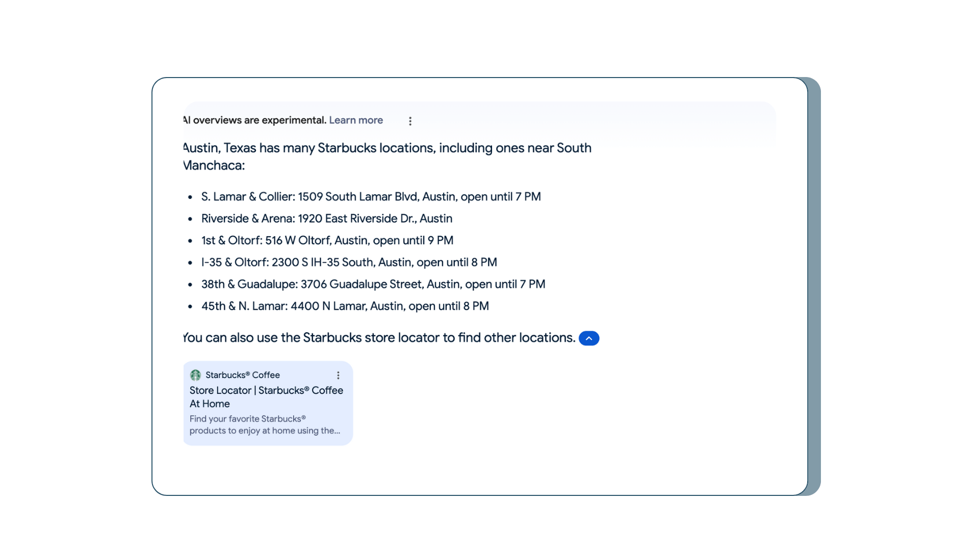 An example of Google SGE's output for the search "Starbucks near me"