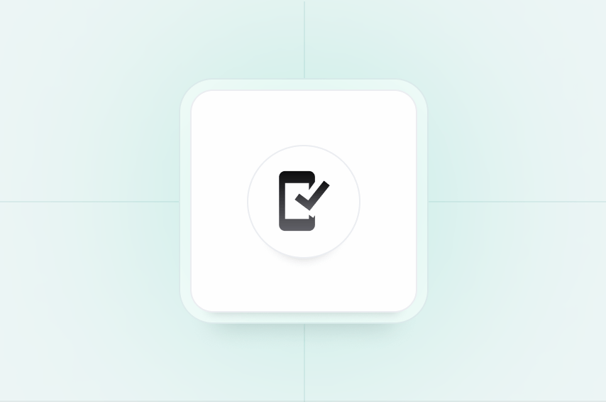 A black icon of a clipboard with a check mark in a white rounded square on a light blue background.