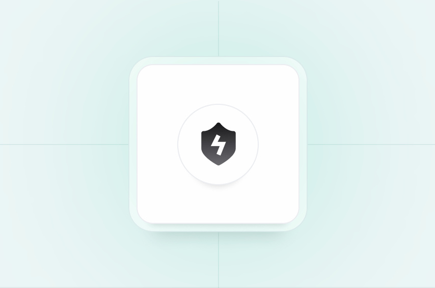A black shield with a white lightning bolt icon in the center of a rounded square on a light background.