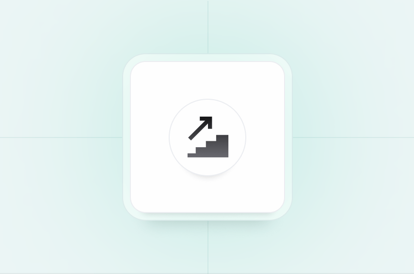Icon of stairs with an upward arrow, symbolizing progress or moving upward, on a pale blue background.