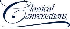 Classical Conversations logo in elegant, cursive navy blue lettering on a light background.