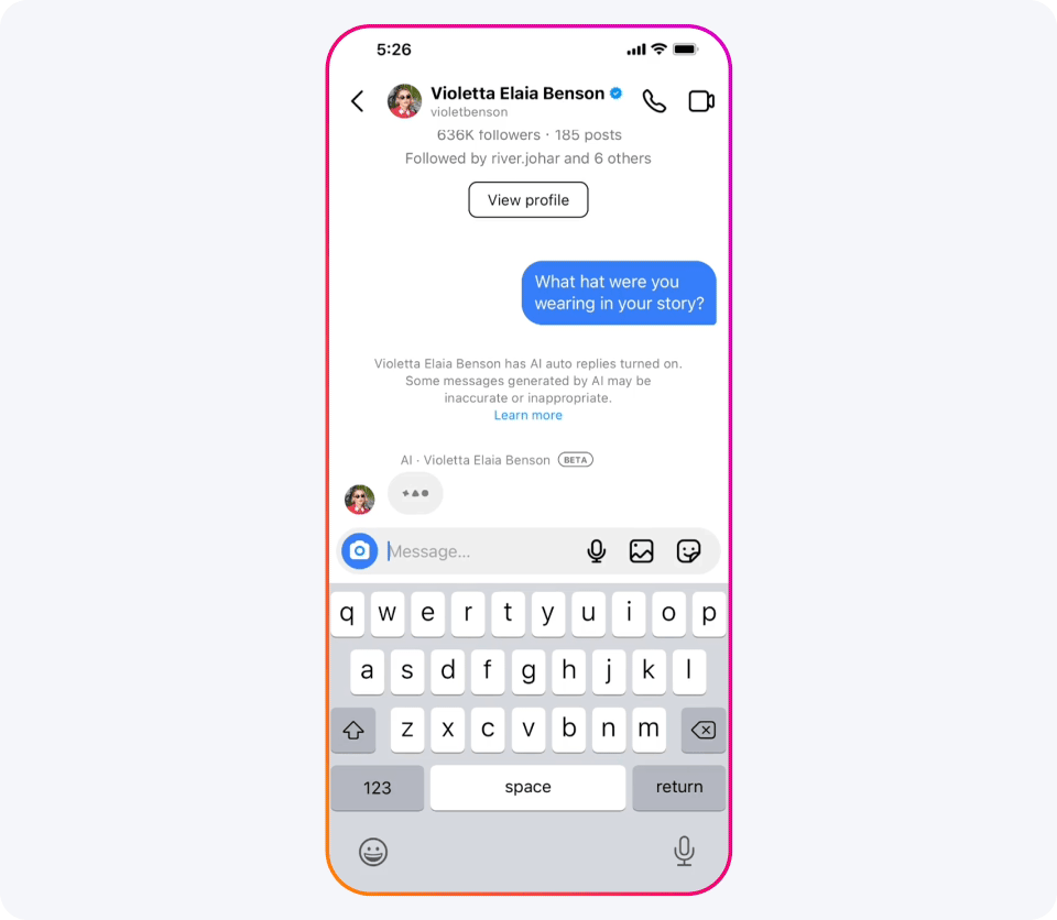Meta Creator AI gif showing an interaction between an AI Creator and someone asking a question about a ball cap.