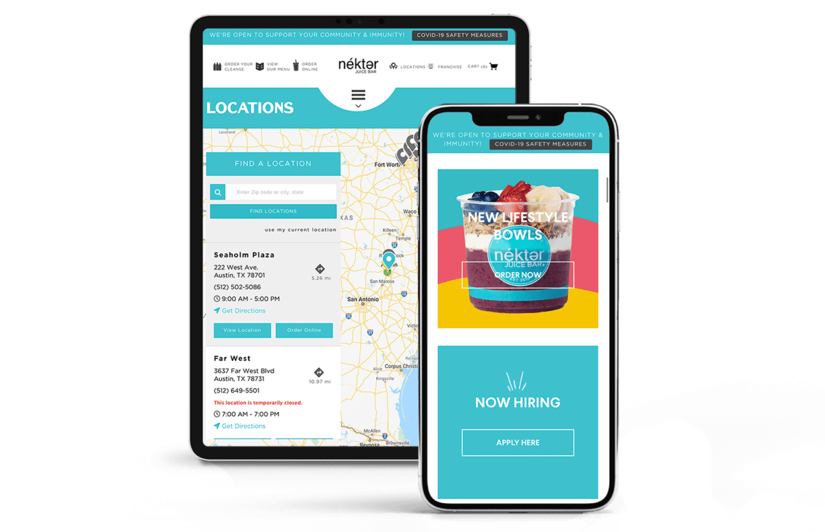 SOCi locator and local pages of Nekter Juice Bar on mobile phone and tablet