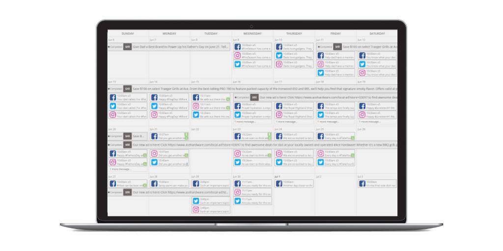 A laptop displaying the SOCi Social Media Community Calendar with icons and text distributed throughout the month.