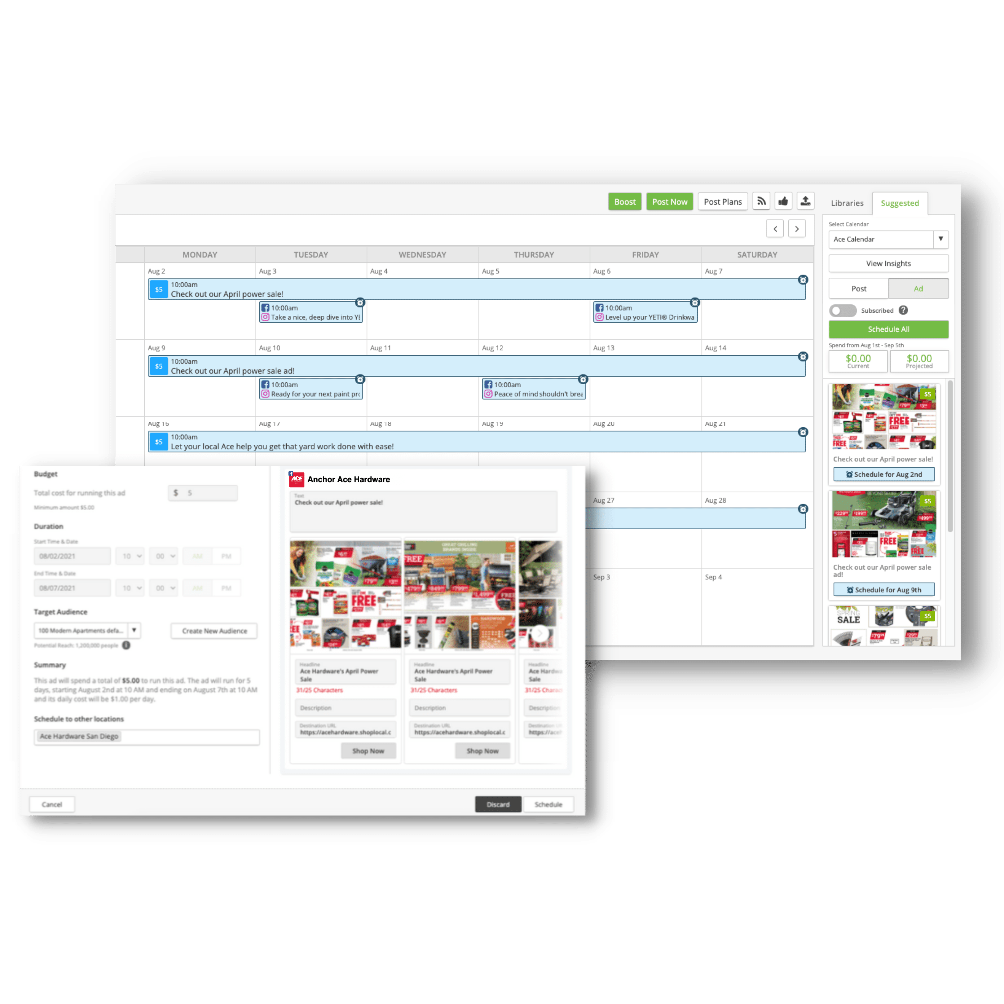 SOCi’s Social Media Community Calendar interface displaying scheduled posts and a popup menu with campaign details overlaying the calendar.