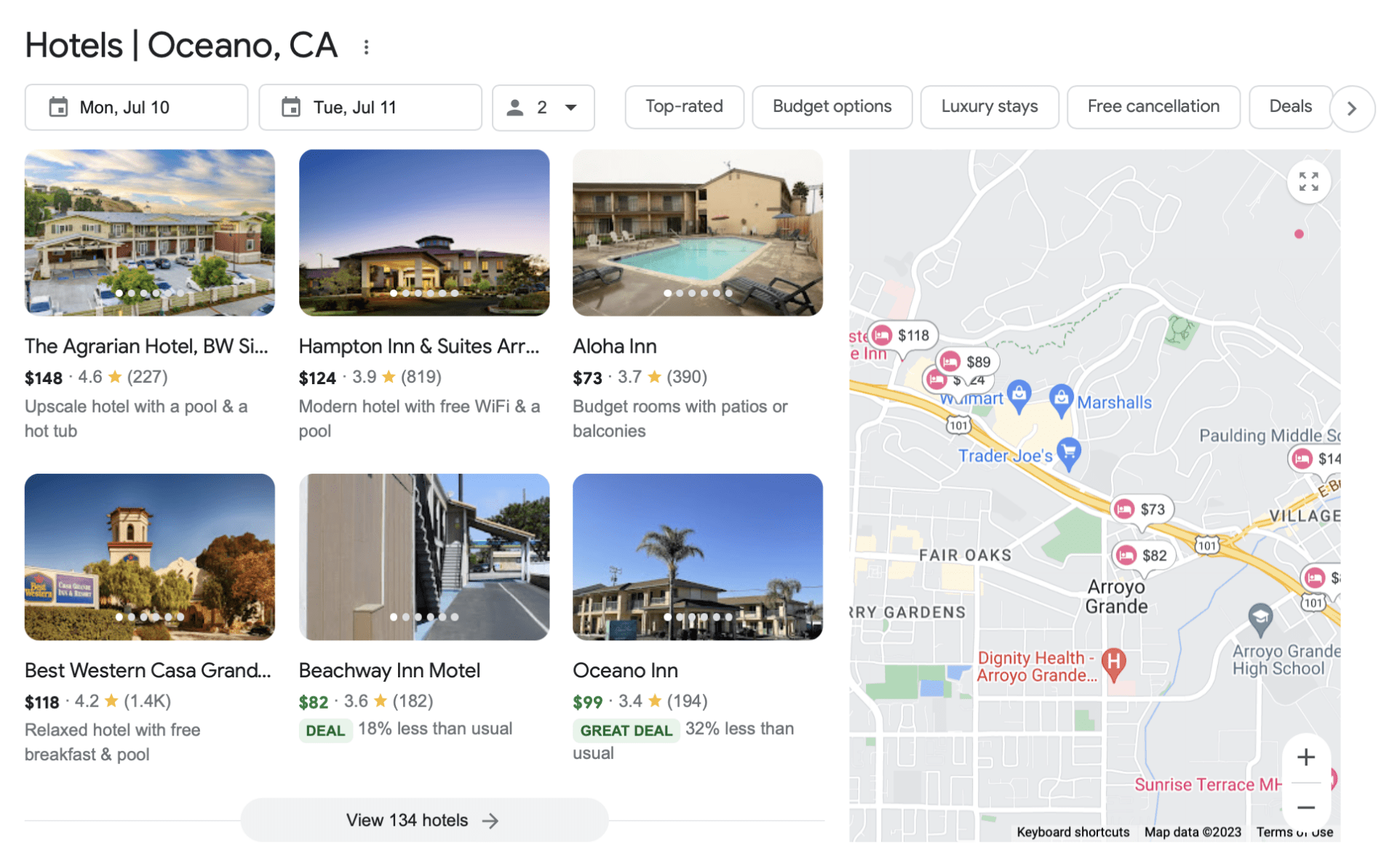 An example showing a Google 6-pack for a search for hotels in Oceano California