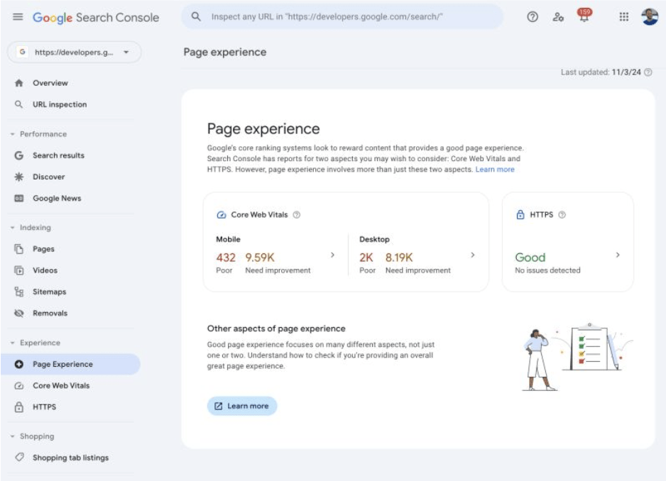 screenshot of google search console dashboard