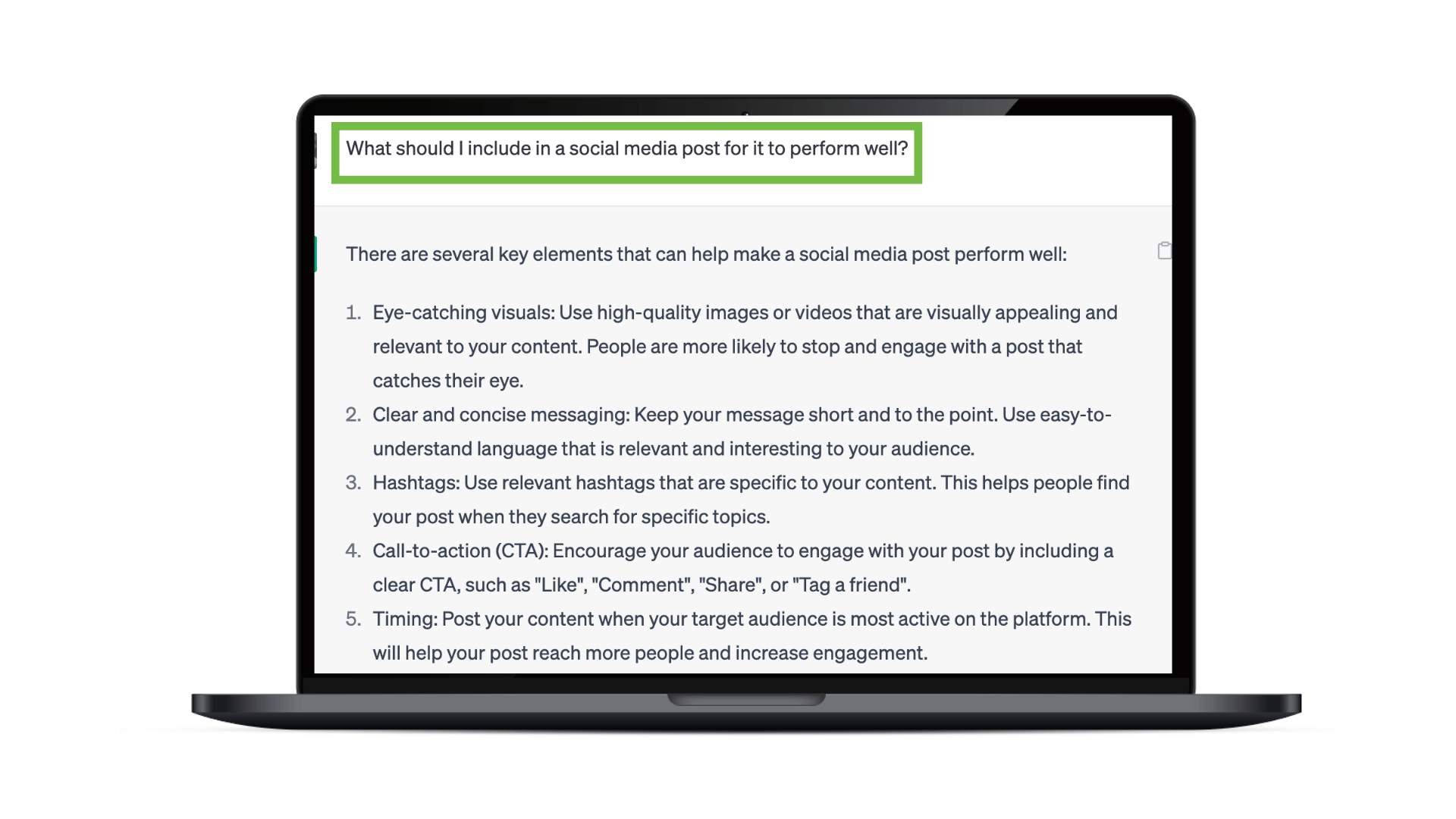 An image of ChatGPT explaining what to include in a social post for it to perform well