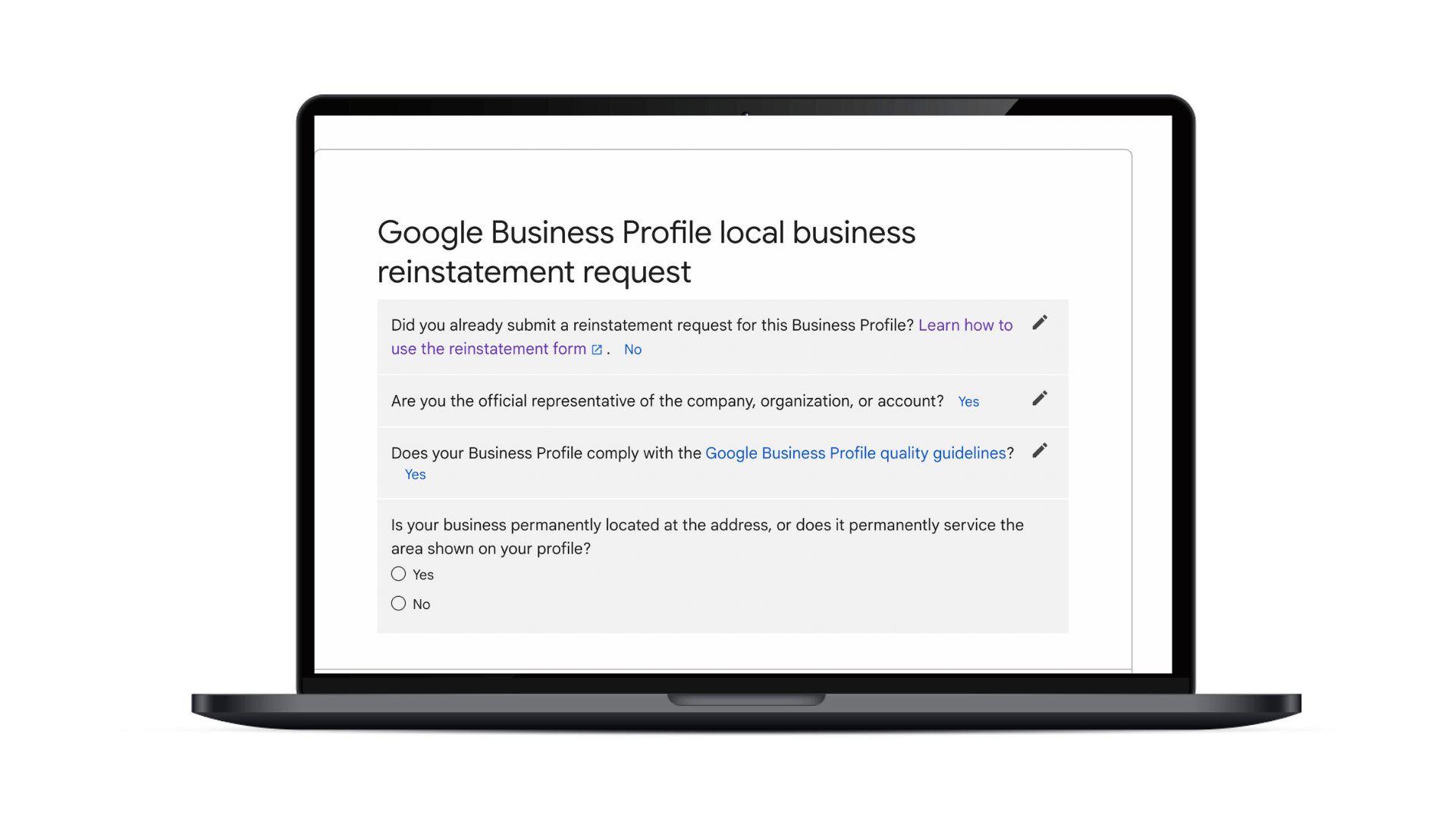 An image showing the questions Google asks in its form for suspended Google profiles