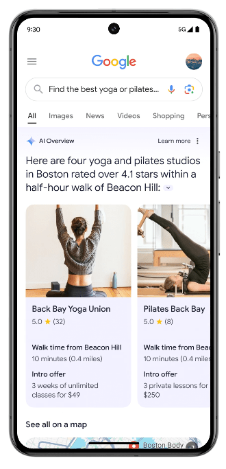 An example of Google's AI Overview for a query around pilates studios