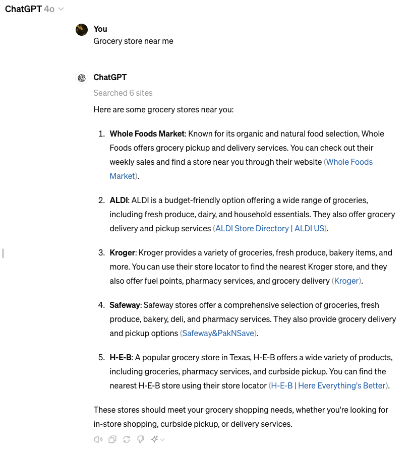 An example of responses from ChatGPT using GPT-4o, which now includes sources