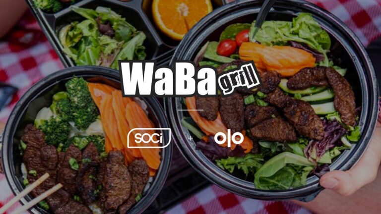 Two bowls of grilled beef salad and vegetables on a checkered tablecloth with an overlay of the WaBa Grill logo.