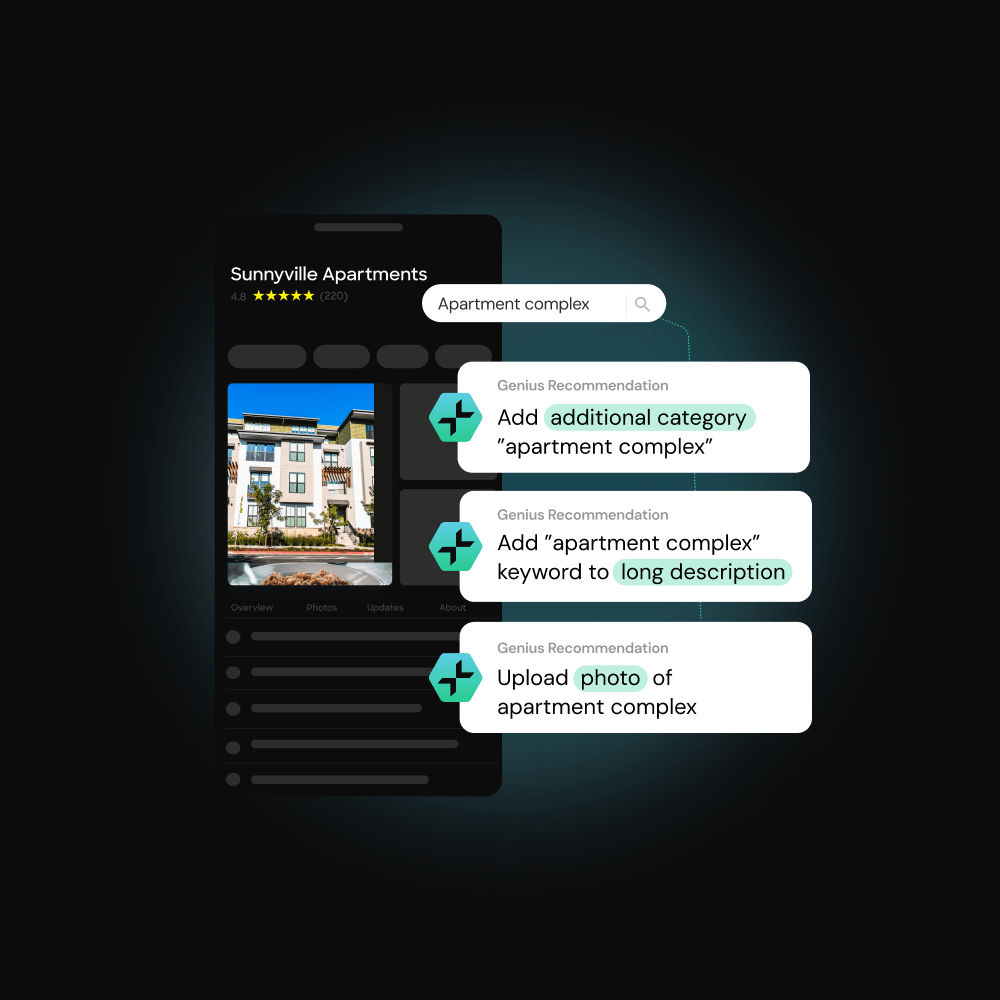 A phone screen shows apartment search results with AI recommendations for improving a listing.