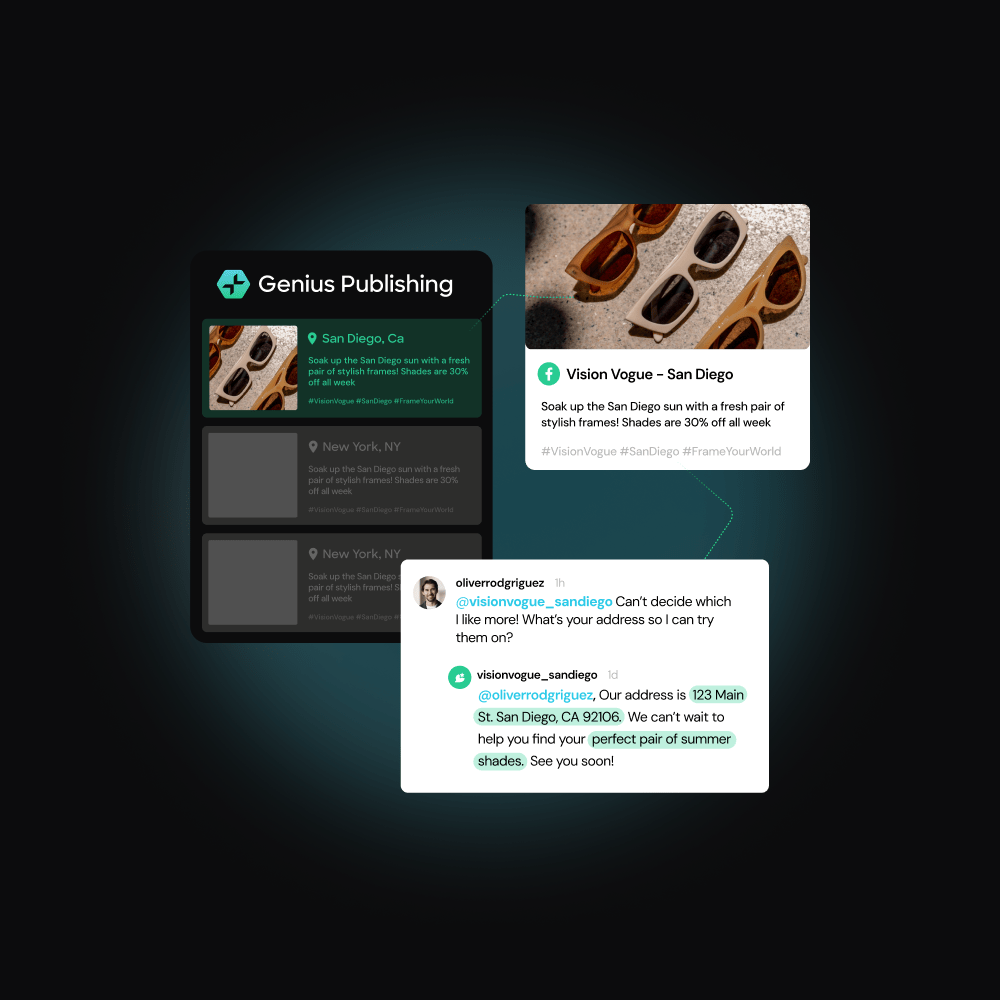 A social media post exchange about sunglasses, featuring locations in San Diego and New York City.