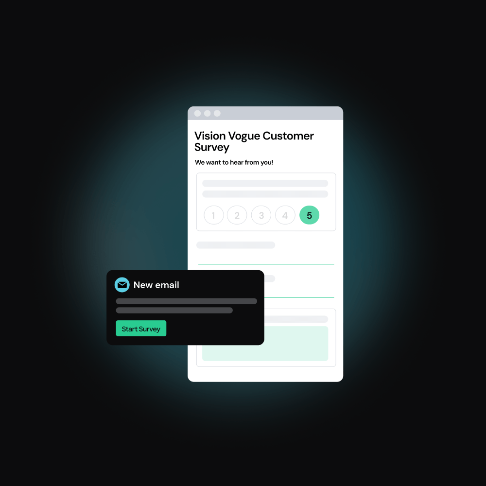 A customer survey and a pop-up email notification with a Start Survey button on a dark background.