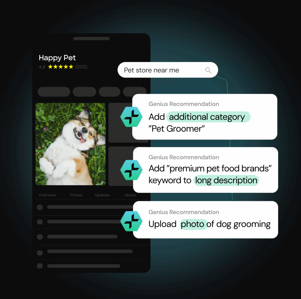 A pet store app shows a corgi photo and keyword suggestions for improving store listings.