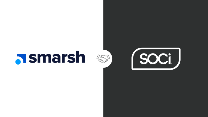 Smarsh and SOCi logos side by side with a handshake icon between them on a split black and white background.