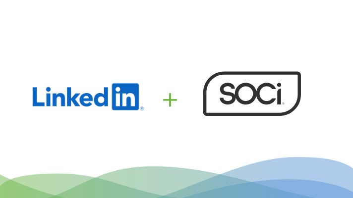 LinkedIn logo and SOCi logo side by side with a plus sign between them, above wavy color lines.