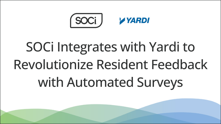 SOCi partners with Yardi to enhance resident feedback using automated surveys, on a white background with logos.