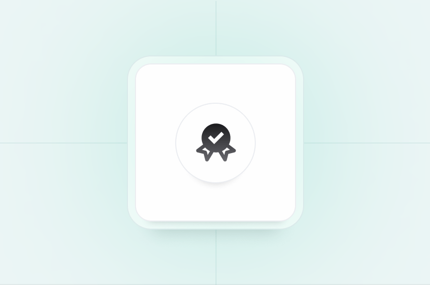 A dark star icon with a white check mark inside, centered on a light square background.