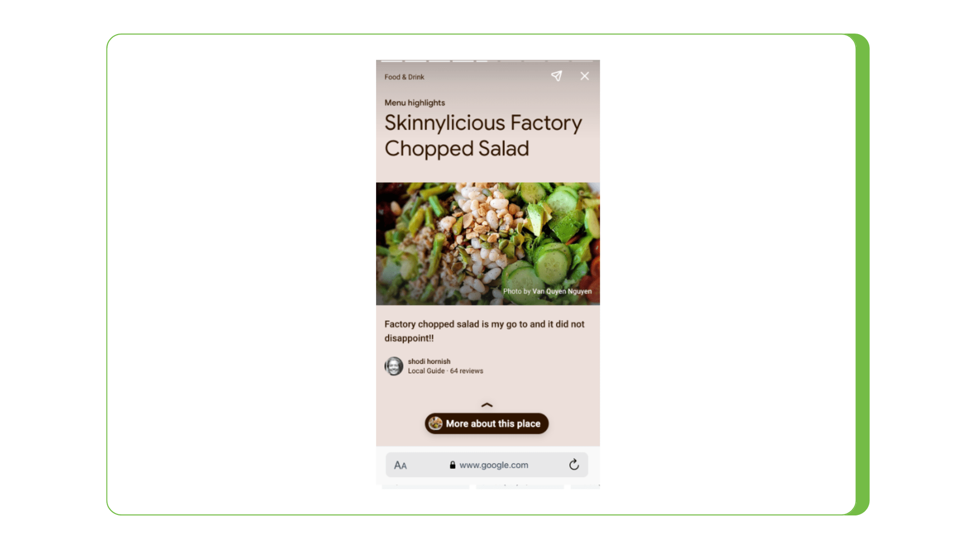 Screenshot of a salad recipe featured in a Google Business Profile as a reel or carousel-type image